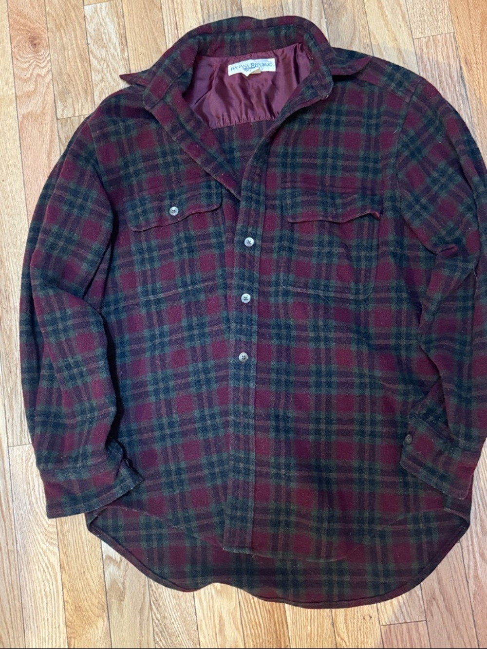 Banana Republic Burgundy & Dark Green Plaid Shirt Jacket 70% wool, size S